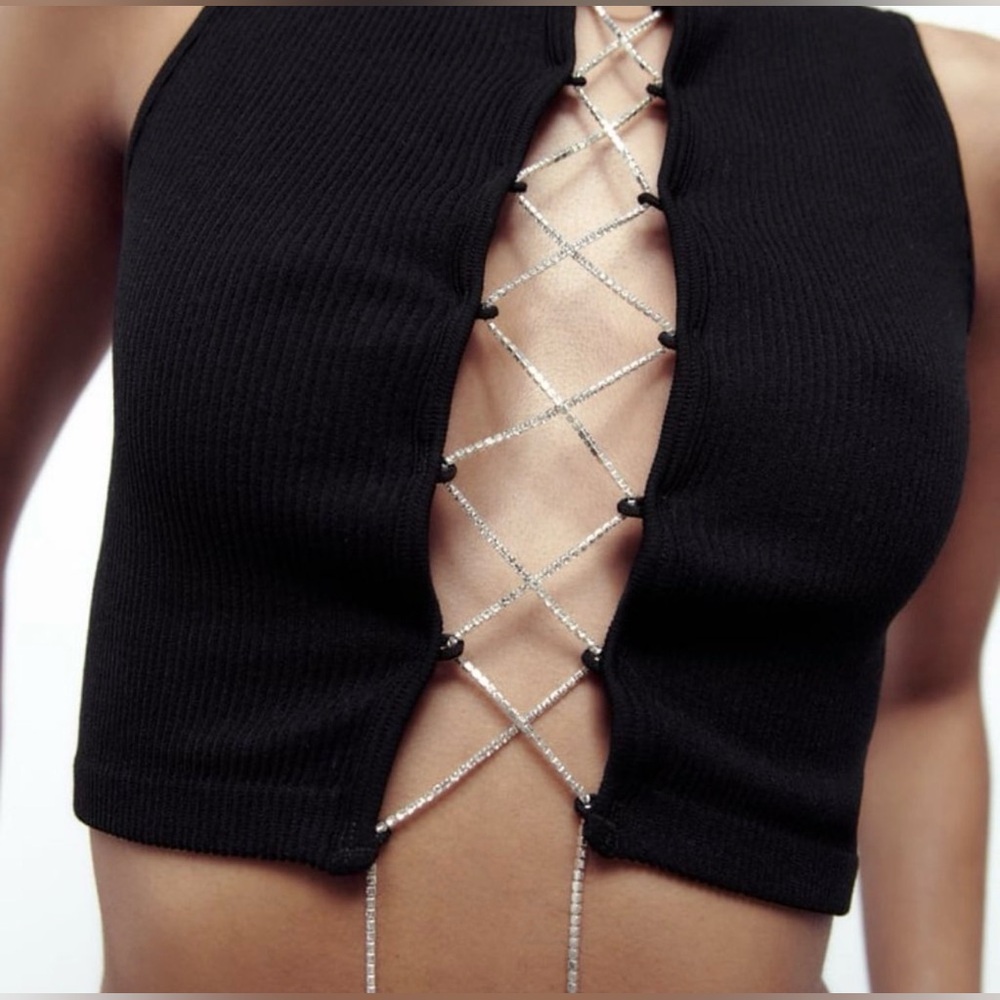 ZARA NWT Black Seamless Rhinestone Jewel Lace-Up Tank Top Size XS - S